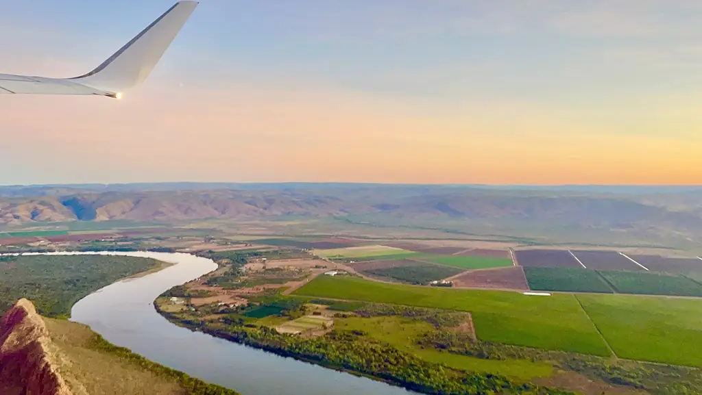 Aerial view of the Ord River and farmland after take-off from Kununurra